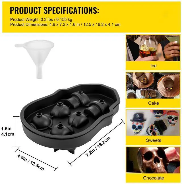 Alt view image 4 of 7 - Skull Ice Cube Tray, 6-Grid Skull Ice Ball Maker, Flexible Black Silicone Ice Tray with Lid & Funnel, Skull Ice Cubes in 3 Distinct Patterns for Beverages & Chocolates on Parties & Holidays