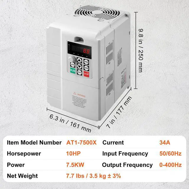 Alt view image 6 of 7 - VFD 7.5KW, 34A, 10HP Variable Frequency Drive for 3-Phase Motor Speed Control