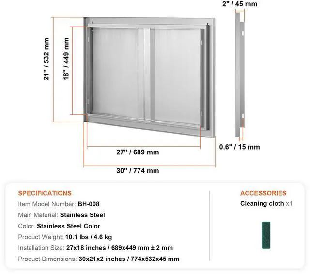 Alt view image 3 of 7 - BBQ Access Door, 30W x 21H Inch Double Outdoor Kitchen Door, Stainless Steel Flush Mount Door, Wall Vertical Door with Recessed Handles , for BBQ Island, Grilling Station, Outside Cabinet