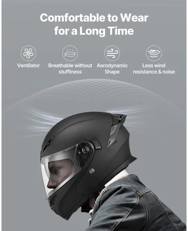 Alt view image 3 of 7 - Motorcycle Helmet, Modular, Adult Motocross Dirt Bike Helmet with Large Clear Visor, Comfortable Motorbike Racing Street with Detachable Liner for Men & Women, DOT Approved, (Matte Black, M)