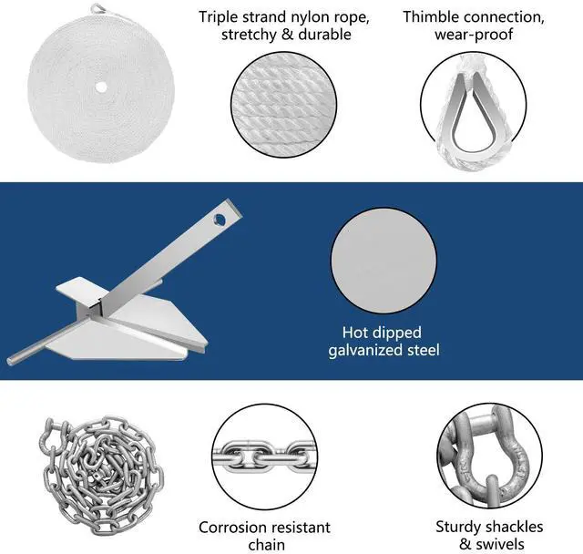 Alt view image 4 of 7 - Boat Anchor Kit 13 lb Fluke Style Anchor, Hot Dipped Galvanized Steel Fluke Anchor, Marine Anchor with Anchor, Shackles, Chain, Rope for Boat Mooring on The Beach, Boats from 20'-32'
