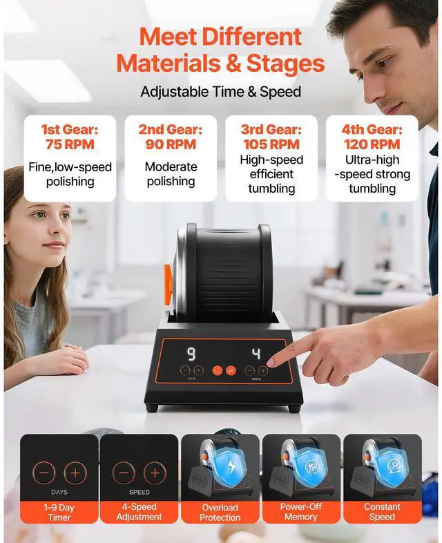 Alt view image 5 of 7 - Rock Tumbler Kit, 4lbs Rock Polishing Kit, 4 Speed Settings 9-Day Polishing Timer Stone Polishing Kit, Belt-Free Rock Polisher with Adapter & Overload Protection, Rock Polisher for Adults Kids