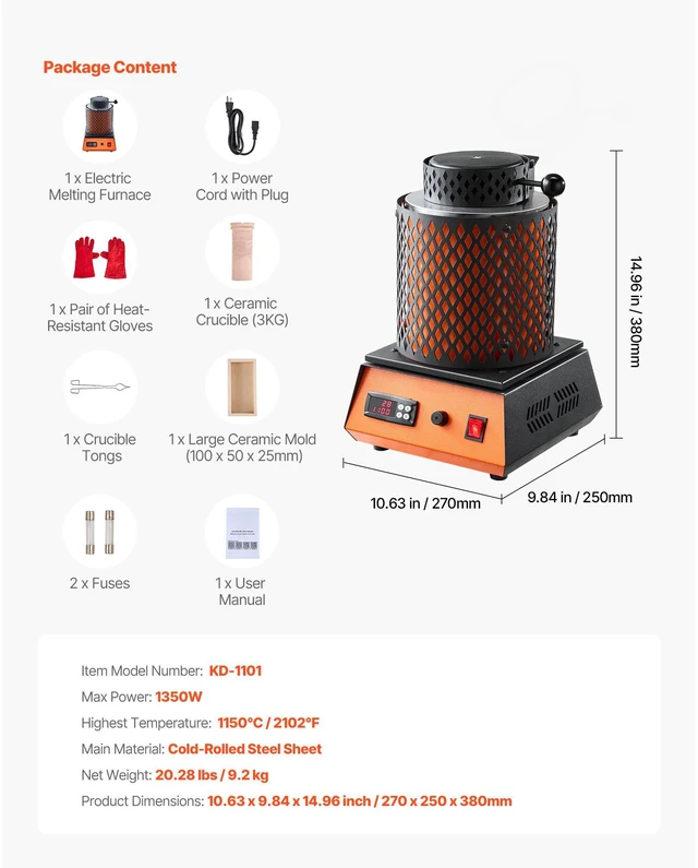 Alt view image 5 of 6 - Electric Melting Furnace, 1350W Electric Metal Smelter Foundry, 2102/1150 Metal Smelting Machine with 3kg Ceramic Crucible, Gold Smelting Kit for Jewelry Making, Metal Bars, Metal Components