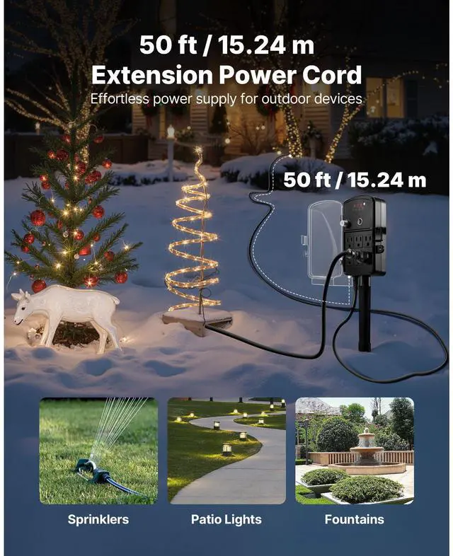 Alt view image 2 of 7 - Outdoor Power Stake, 50FT Extension Cord, Outdoor Power Strip Weatherproof with Cover, Remote Control Dusk to Dawn Light Timer Waterproof, 6 Outlets, 1875W/15A, for Christmas Lights, Garden