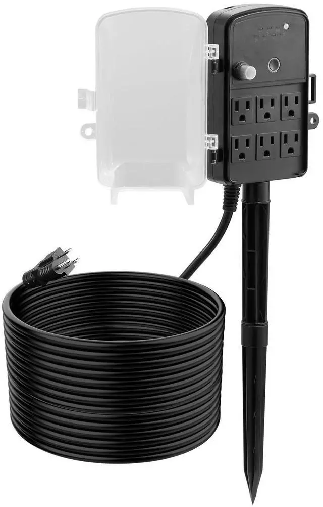 Alt view image 3 of 7 - Outdoor Power Stake, 50FT Extension Cord, Outdoor Power Strip Weatherproof with Cover, Remote Control Dusk to Dawn Light Timer Waterproof, 6 Outlets, 1875W/15A, for Christmas Lights, Garden
