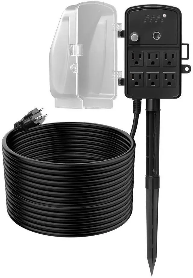 Alt view image 4 of 7 - Outdoor Power Stake, 50FT Extension Cord, Outdoor Power Strip Weatherproof with Cover, Remote Control Dusk to Dawn Light Timer Waterproof, 6 Outlets, 1875W/15A, for Christmas Lights, Garden