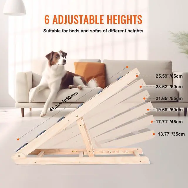 Alt view image 6 of 7 - Dog Ramp, Folding Pet Ramp for Bed, Adjustable Dog Ramp for Small, Large, Old Dogs & Cats, Wooden Pet Ramp with 41.3" Long Ramp, Adjustable from 13.77" to 25.59", Suitable for Couch, Sofa, Car