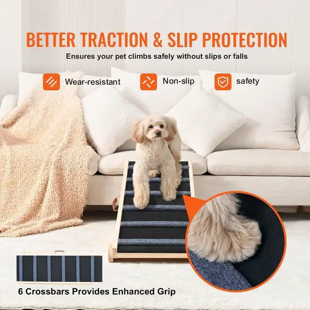 Alt view image 7 of 7 - Dog Ramp, Folding Pet Ramp for Bed, Adjustable Dog Ramp for Small, Large, Old Dogs & Cats, Wooden Pet Ramp with 41.3" Long Ramp, Adjustable from 13.77" to 25.59", Suitable for Couch, Sofa, Car