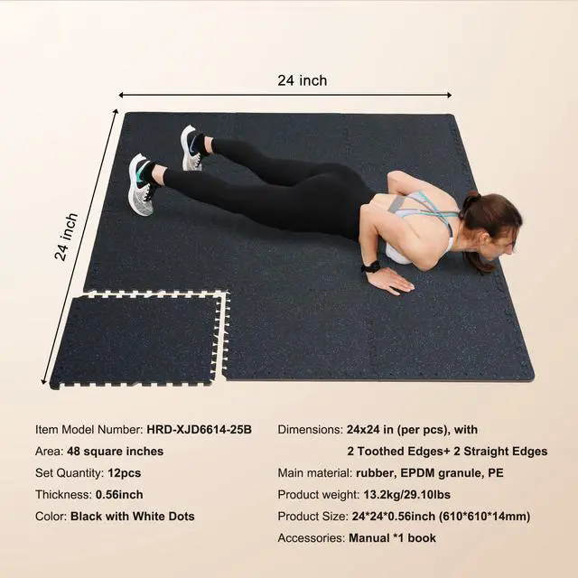 Alt view image 6 of 7 - 0.56 Inch Thick Gym Floor Mats, 12 Tiles Rubber Top with EVA Foam, 25" x 25" Gym Flooring Workout Mats with 48 sq.ft Coverage, Interlocking Puzzle Gym Mats for Gym, Home, Garage, Black & Blue