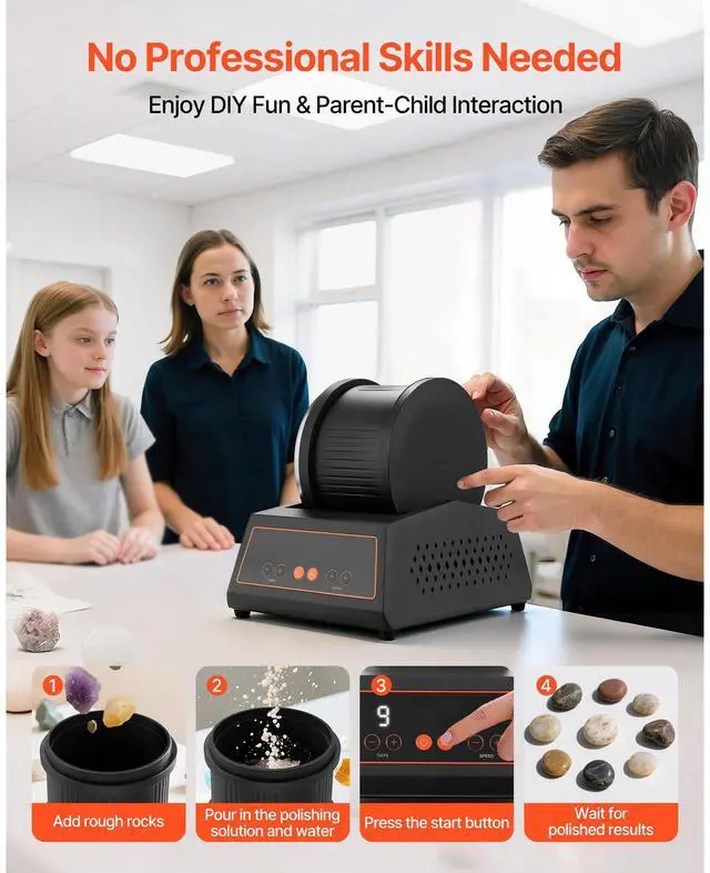 Alt view image 3 of 7 - Rock Tumbler Kit, 4lbs Rock Polishing Kit, 4 Speed Settings 9-Day Polishing Timer Stone Polishing Kit, Belt-Free Rock Polisher with Adapter & Overload Protection, Rock Polisher for Adults Kids