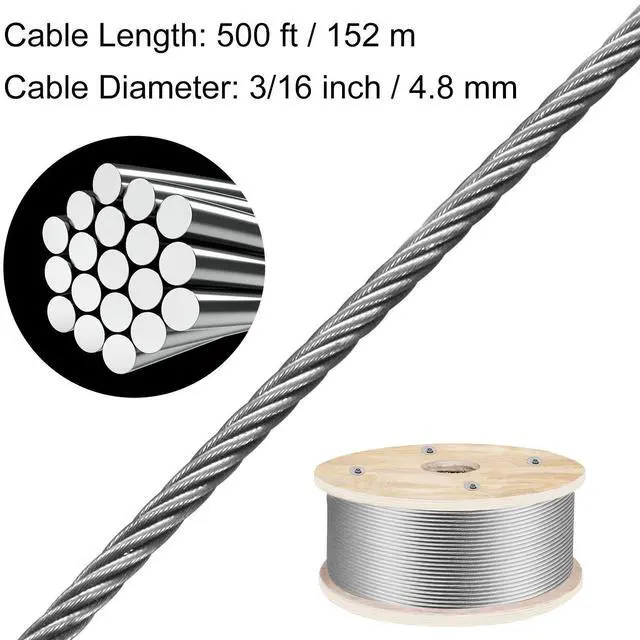 Alt view image 4 of 7 - 316 Stainless Steel Wire Rope 500ft Length, Steel Wire Cable 3/16 Inch, Steel Cable Railing Decking With 1x19 Strands Construction, 4700lbs Breaking Strength For Stair, Handrail, Clothesline