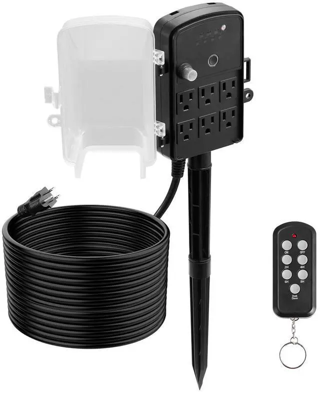 Main image of Outdoor Power Stake, 50FT Extension Cord, Outdoor Power Strip Weatherproof with Cover, Remote Control Dusk to Dawn Light Timer Waterproof, 6 Outlets, 1875W/15A, for Christmas Lights, Garden