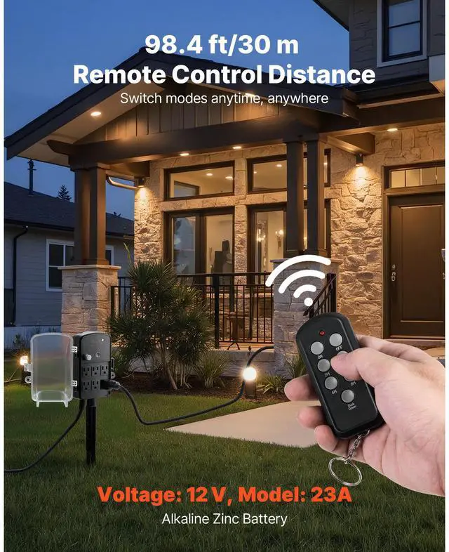 Alt view image 6 of 7 - Outdoor Power Stake, 50FT Extension Cord, Outdoor Power Strip Weatherproof with Cover, Remote Control Dusk to Dawn Light Timer Waterproof, 6 Outlets, 1875W/15A, for Christmas Lights, Garden