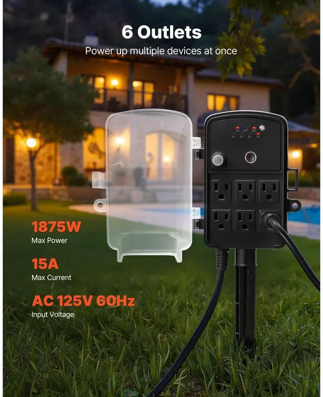 Alt view image 7 of 7 - Outdoor Power Stake, 50FT Extension Cord, Outdoor Power Strip Weatherproof with Cover, Remote Control Dusk to Dawn Light Timer Waterproof, 6 Outlets, 1875W/15A, for Christmas Lights, Garden