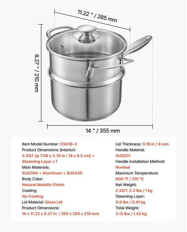 Alt view image 2 of 7 - 2.5 QT Saucepan with Steamer, Stainless Steel Saucepan with Glass Lid, Multipurpose Nonstick Stainless Steel Sauce Pot with Ergonomic Handle, Friendly for Oven, Dishwasher, Induction Cooker