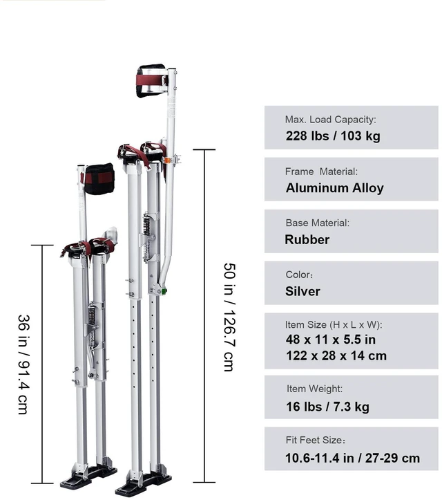 Alt view image 5 of 7 - Drywall Stilts, 36''-50'' Adjustable Aluminum Tool Stilts with Protective Knee Pads, Durable and Non-slip Work Stilts for Sheetrock Painting, Walking, Taping, Silver