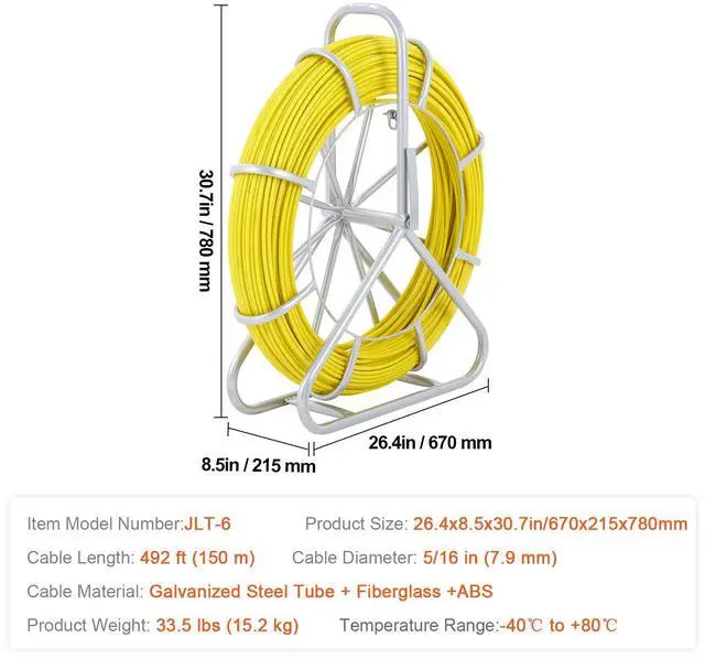 Alt view image 4 of 7 - Fish Tape Fiberglass, 492 ft, 5/16 in, Duct Rodder Fishtape Wire Puller, Cable Running Rod with Steel Reel Stand, 3 Pulling Heads, Fishing Tools for Walls and Electrical Conduit, Non-Conductive