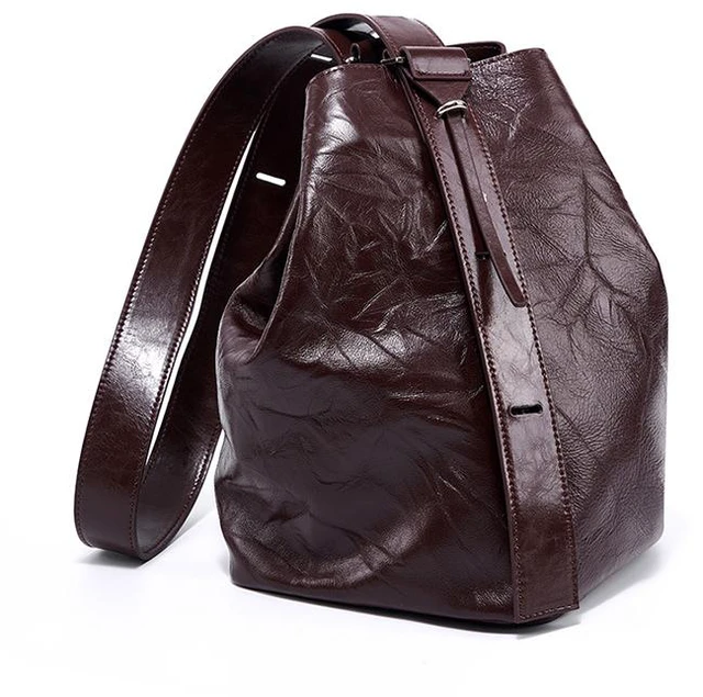 Main image of Wrinkled Cowhide Bucket Bag Women's Tote Bag Purple