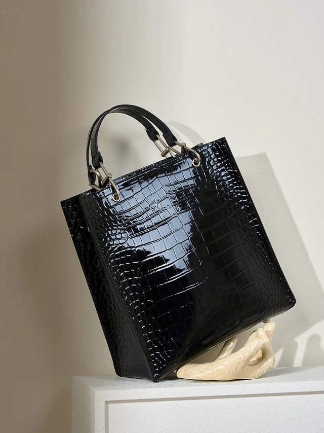 Main image of Ladies' Crocodile Patterned Cowhide Handbag Black