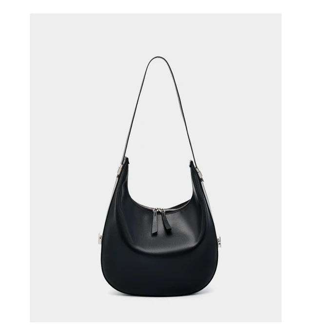 Alt view image 5 of 6 - Genuine Leather Ladies'Crossbody Bag with Wide Strap Black