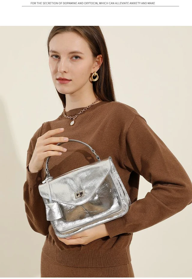Alt view image 2 of 3 - Genuine Leather Women Shoulder Handbag Tote Hobo Purses Handbag Silver