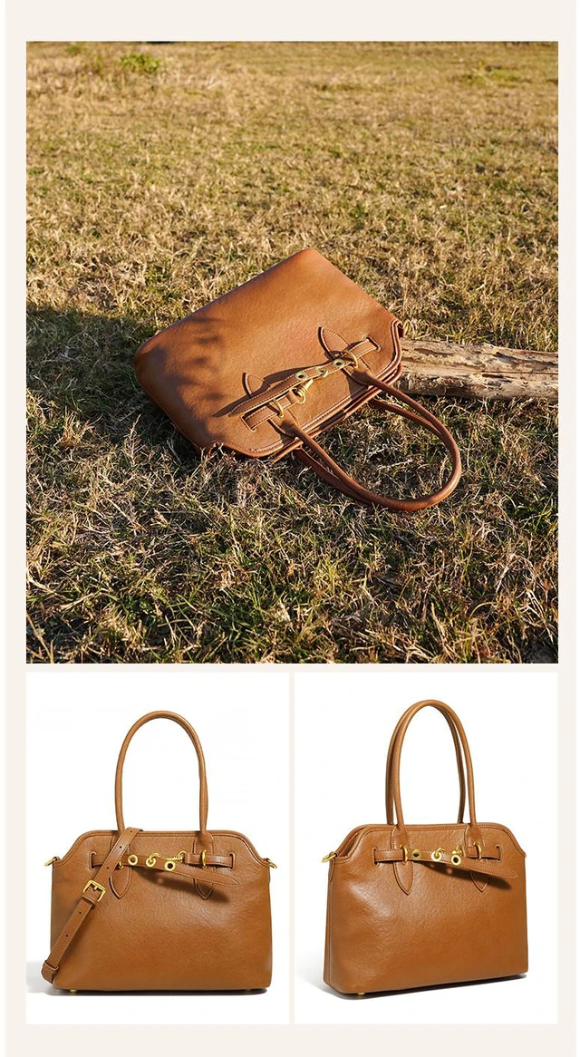 Alt view image 4 of 4 - Genuine Leather Women Fashion Handbags Tote Bag Shoulder Bag Brown
