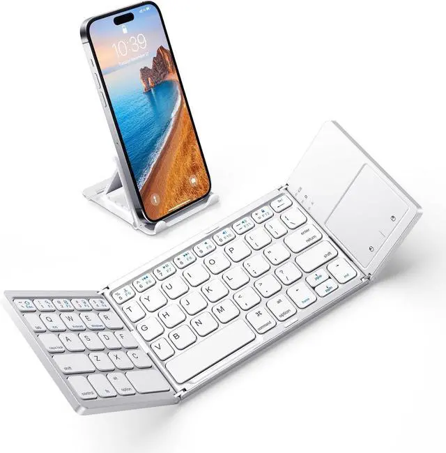 Main image of Tri-fold Bluetooth Keyboard with Touchpad Compatible with Smartphones, Ipad, and Laptops Silver