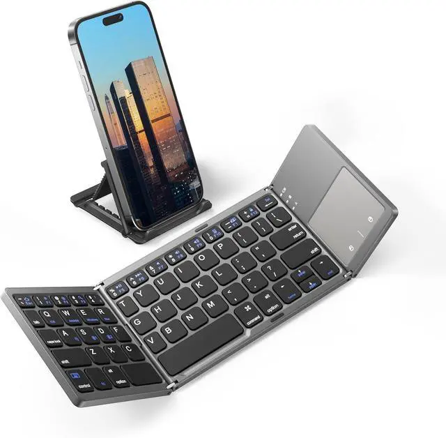 Main image of Tri-fold Bluetooth Keyboard with Touchpad Compatible with Smartphones, Ipad, and Laptops Grey