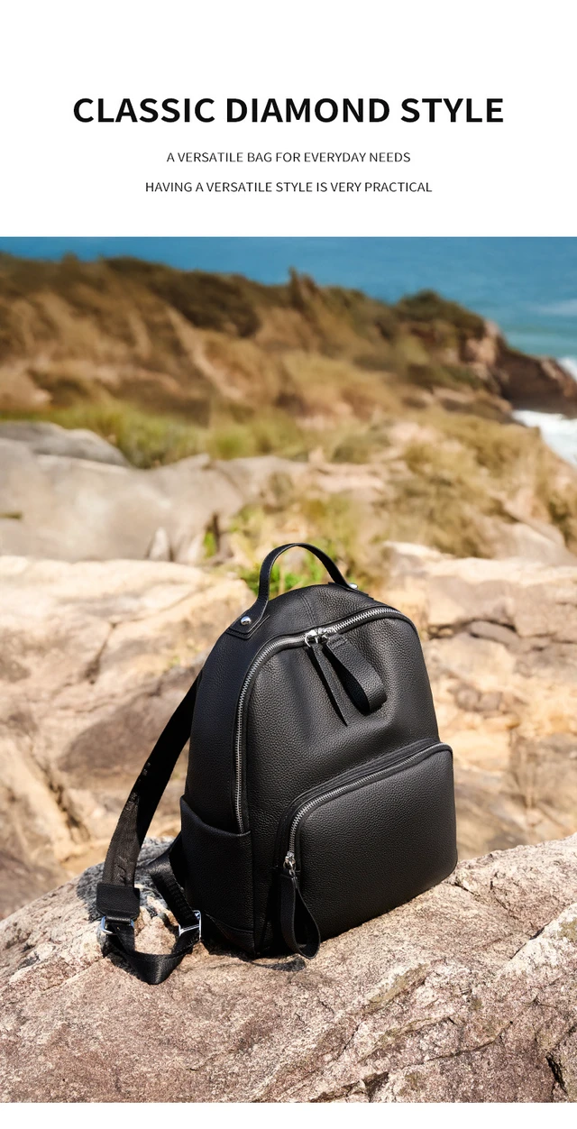 Alt view image 4 of 5 - Genuine Leather Backpack Casual School Bag Travel Bag Black
