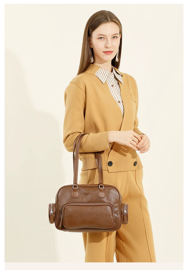 Alt view image 4 of 6 - Genuine Leather Women Tote Bag Top-handle Shoulder Bag Brown