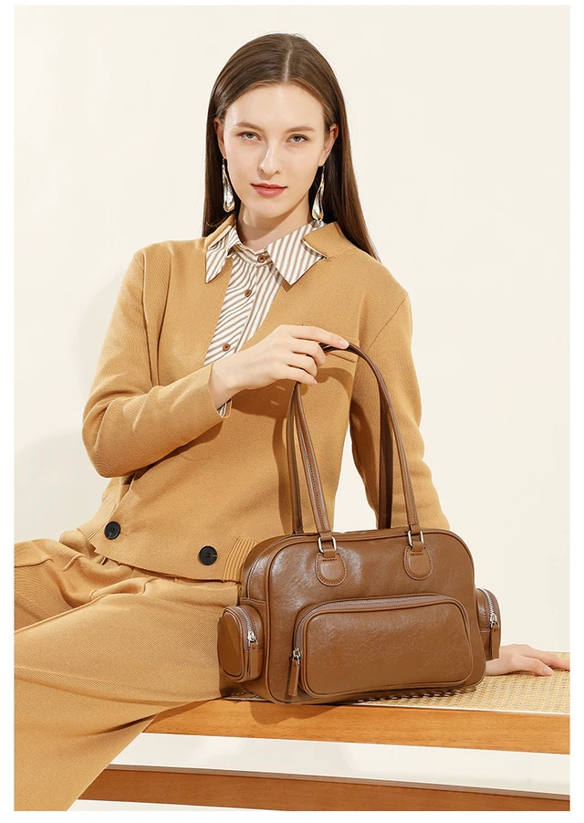 Alt view image 3 of 6 - Genuine Leather Women Tote Bag Top-handle Shoulder Bag Brown