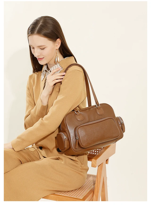 Alt view image 5 of 6 - Genuine Leather Women Tote Bag Top-handle Shoulder Bag Brown