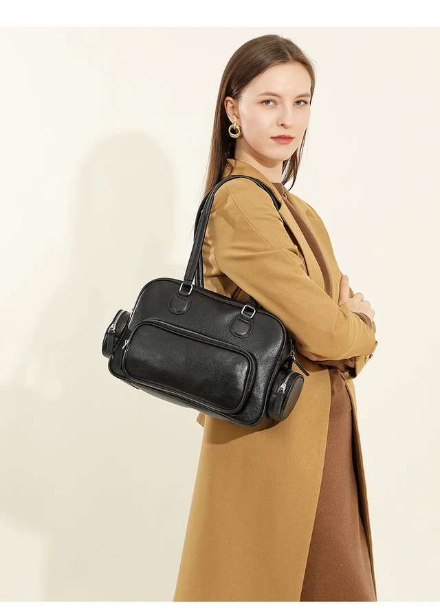 Alt view image 2 of 3 - Genuine Leather Women Tote Bag Top-handle Shoulder Bag Black
