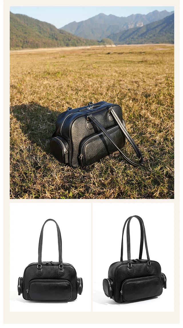 Alt view image 3 of 3 - Genuine Leather Women Tote Bag Top-handle Shoulder Bag Black
