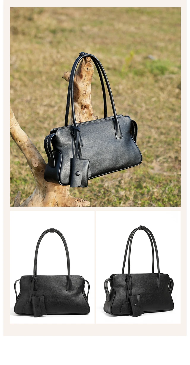 Alt view image 4 of 4 - Genuine Leather Women Shoulder Handbag Tote Hobo Handbag Black
