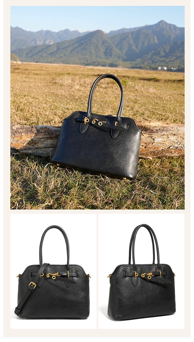 Alt view image 3 of 3 - Genuine Leather Women Fashion Handbags Tote Bag Shoulder Bag Black