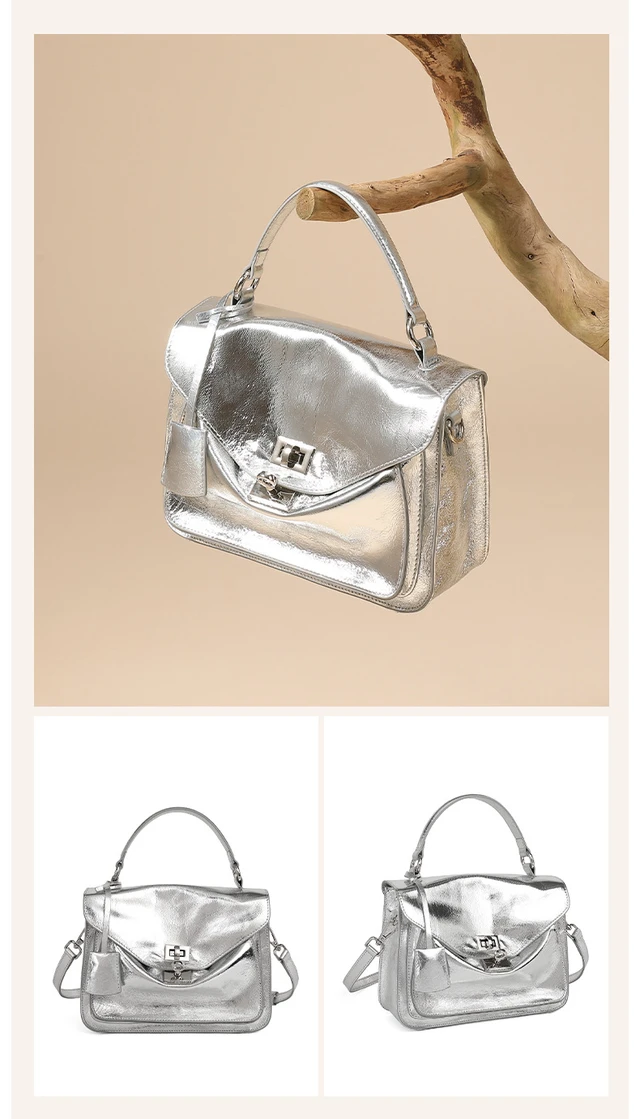 Alt view image 3 of 3 - Genuine Leather Women Shoulder Handbag Tote Hobo Purses Handbag Silver