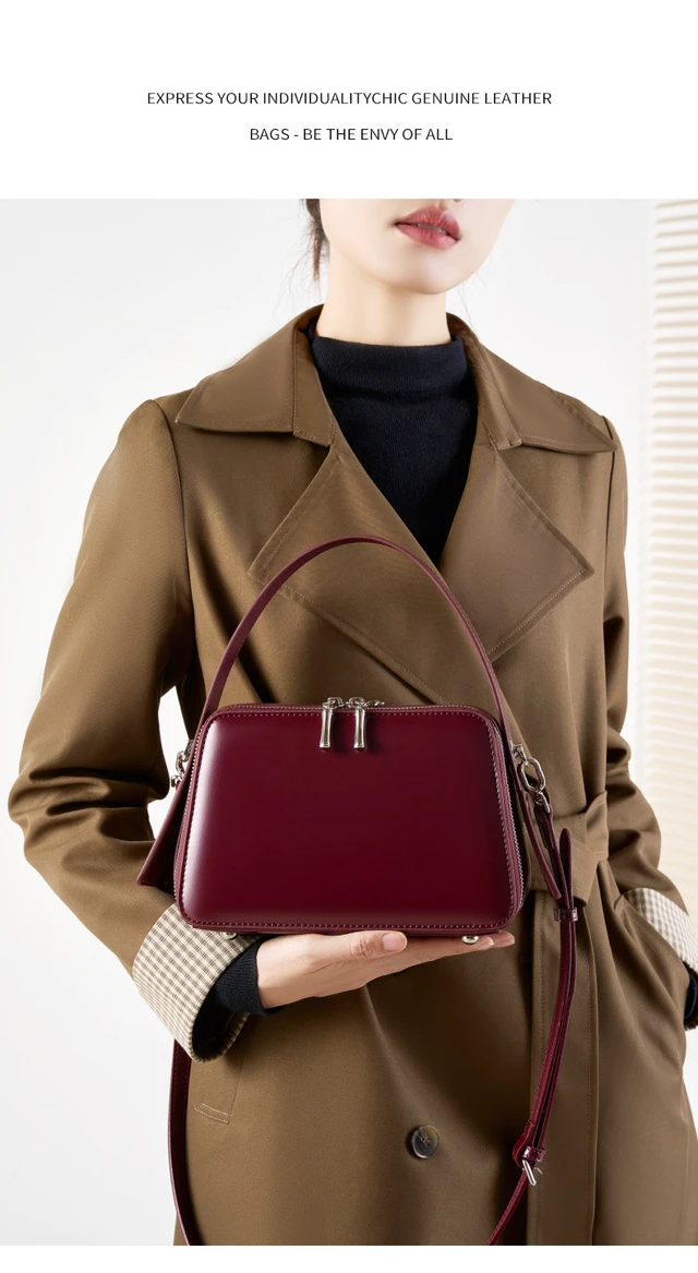 Alt view image 2 of 3 - Genuine Leather Cute Tote Handbags Crossbody Bag with Long Strap Red