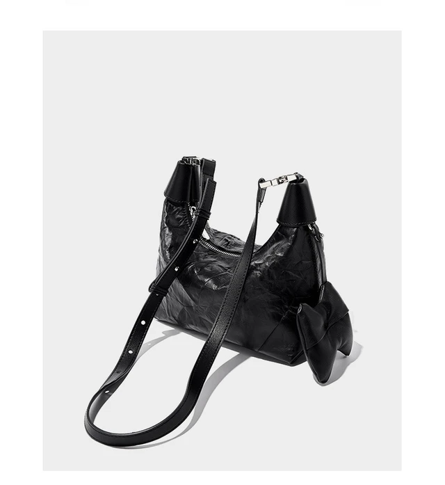 Alt view image 5 of 6 - Women Wrinkled Cowhide Dumpling Bag Hand-held Diagonal Cross Bag Black