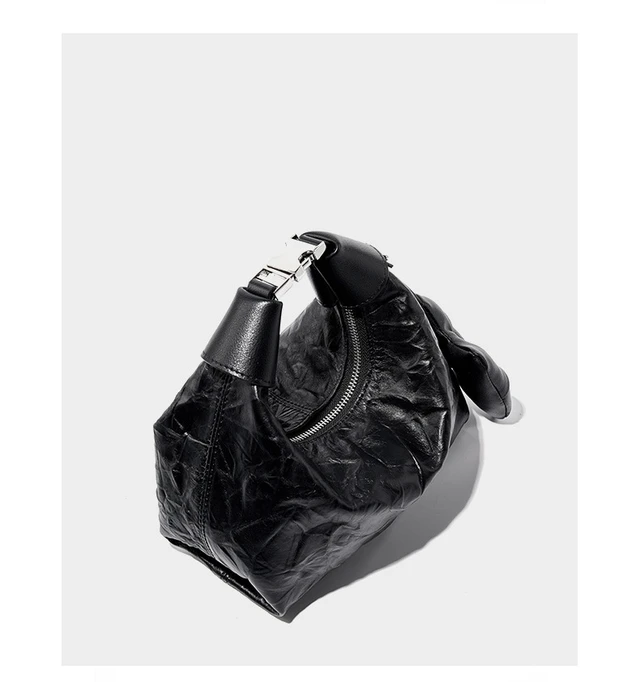 Alt view image 4 of 6 - Women Wrinkled Cowhide Dumpling Bag Hand-held Diagonal Cross Bag Black