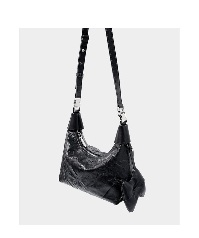 Alt view image 6 of 6 - Women Wrinkled Cowhide Dumpling Bag Hand-held Diagonal Cross Bag Black