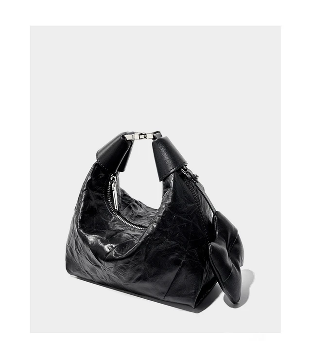Alt view image 3 of 6 - Women Wrinkled Cowhide Dumpling Bag Hand-held Diagonal Cross Bag Black