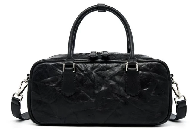 Main image of Genuine Leather Boston Bowling Bag Women Handbag Black