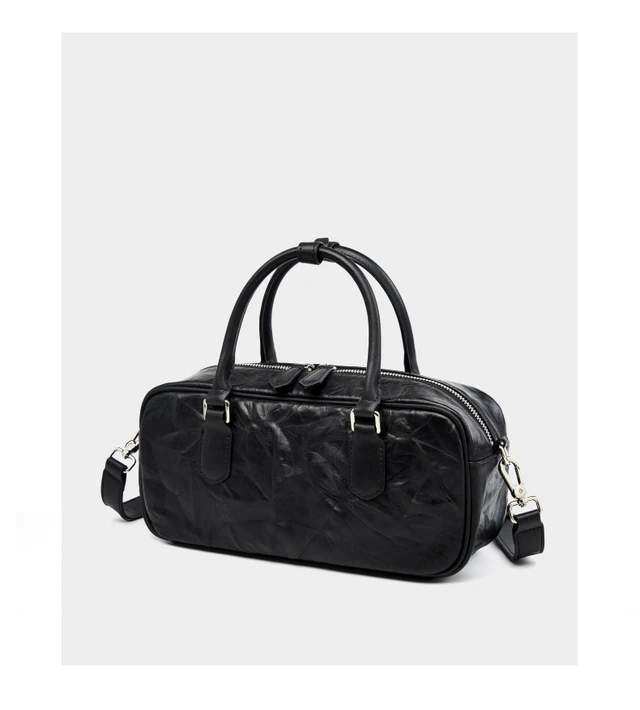 Alt view image 4 of 4 - Genuine Leather Boston Bowling Bag Women Handbag Black