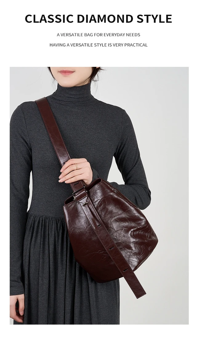 Alt view image 3 of 3 - Wrinkled Cowhide Bucket Bag Women's Tote Bag Purple