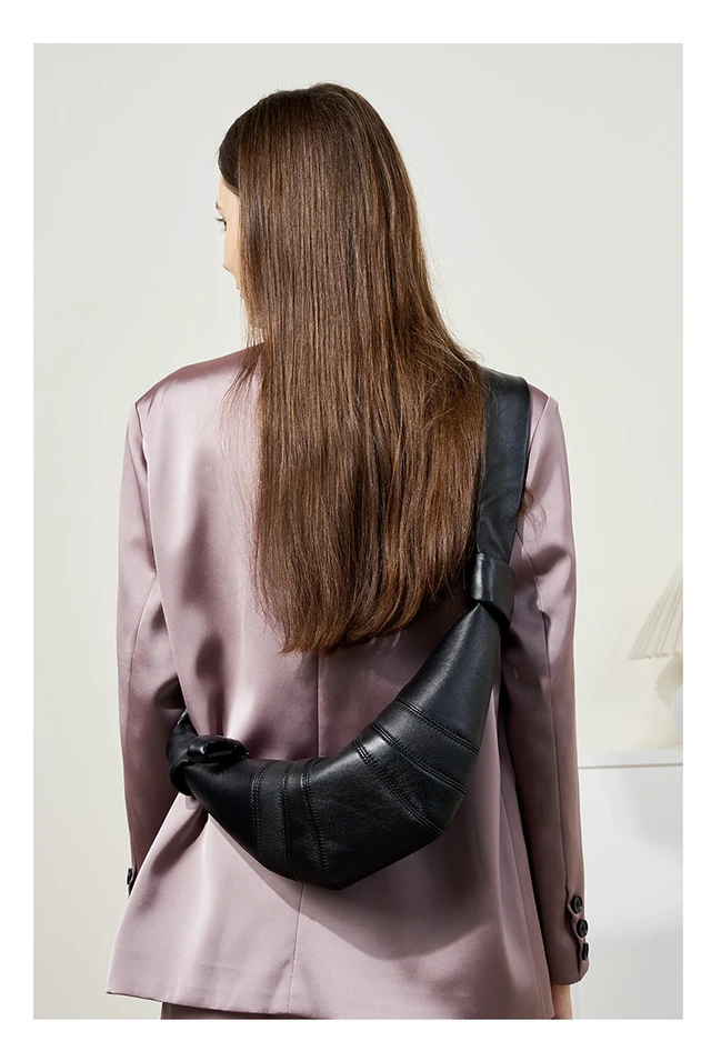 Alt view image 2 of 5 - Sheepskin Diagonal Cross Wrapped Genuine Leather Dumpling Wrap Black