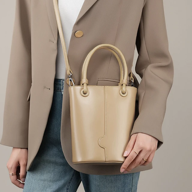 Alt view image 3 of 5 - Genuine Leather Ladies' Bucket Bag Shoulder Bag Apricot
