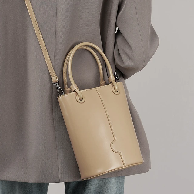 Alt view image 4 of 5 - Genuine Leather Ladies' Bucket Bag Shoulder Bag Apricot