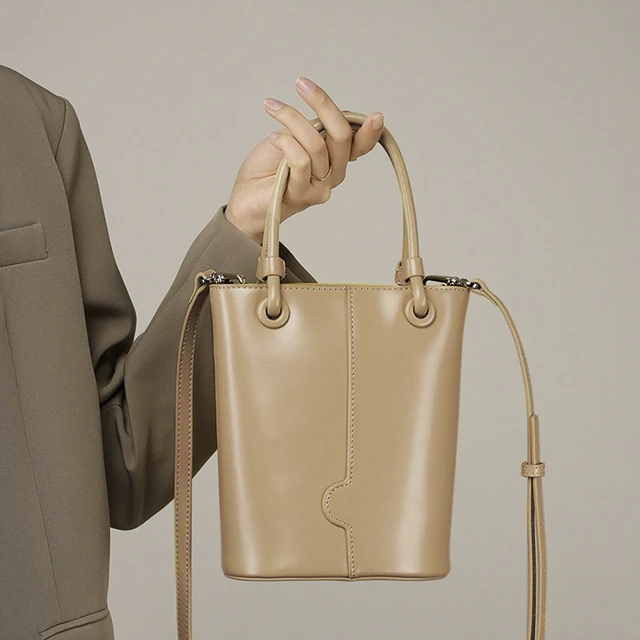 Alt view image 5 of 5 - Genuine Leather Ladies' Bucket Bag Shoulder Bag Apricot