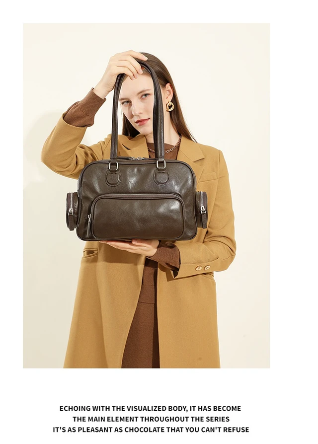 Alt view image 2 of 3 - Genuine Leather Women Tote Bag Top-handle Shoulder Bag Brown